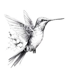 a black and white drawing of a hummingbird in flight with flowers around its neck