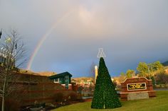 a rainbow is in the sky over a building with a christmas tree and a sign