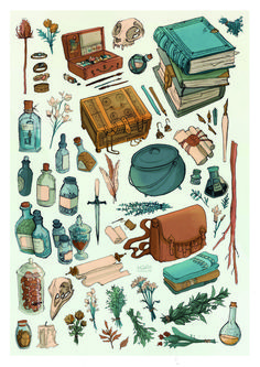 an illustration of various items from the book harry potter's hogwarts, including books, flasks and more