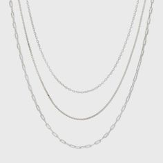 Simple yet stylish, this 3-Piece Plated Cable Box and Paperclip Chain Necklace Set from A New Day™ helps you create an elevated look any day. This three-piece necklace set features sleek chains of varying designs to help you style different looks each day. Great to wear alone or mix and match with other accessories, this silver-tone necklace set helps you create a stunning look no matter the occasion. Gender: female. Age Group: adult. Paperclip Chain Necklace, Necklaces Chain, Cable Box, Silver Chain Necklace, Three Piece, Paper Clip, A New Day, Silver Necklaces, Chains Necklace