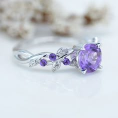 Genuine Amethyst Floral White Gold Engagement Ring - Giliarto 3d Rings Jewellery, Purple Quince Ring, Amethyst Ring Designs, Amythest Wedding Rings, Fantasy Jewelry Ring, Wedding Rings Amethyst, Pretty Promise Rings, Magical Engagement Rings, Engagement Rings Purple