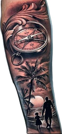 a man with a compass and palm tree on his leg is shown in this tattoo design