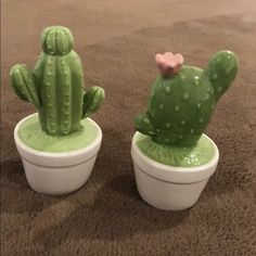 two ceramic cactus planters sitting on top of a carpeted floor