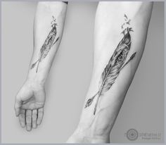 two forearm tattoos with feathers on each arm and an arrow in the middle, one has a