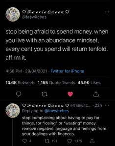 two tweets on the same page, one is saying stop being afraid to spend money when you live with an abundance mindset