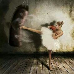 a ballerina in white tutu and red boxing gloves is kicking a punching bag