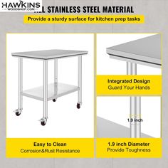 the stainless steel table is shown with measurements for each item and features different types of wheels