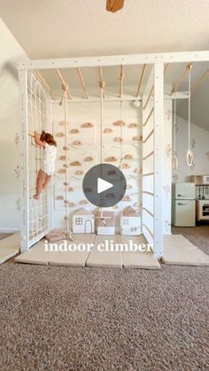 a person climbing up the side of a ladder in a room with carpet and walls