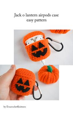 an orange crocheted pumpkin case with earphones attached to it and the words jack o'lantern airports case easy pattern