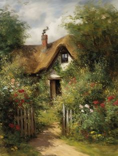 an oil painting of a cottage with flowers and trees in the foreground, next to a garden path