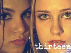 two beautiful young women standing next to each other with the words thirteen on their face