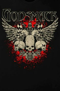 a black t - shirt with skulls and wings on the front that says god smack