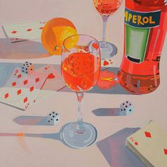 a painting of two glasses of wine and playing cards on a table with dices