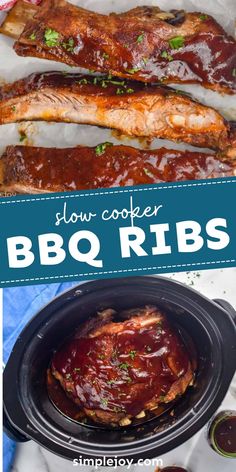 slow cooker bbq ribs in the crock pot with text overlay that reads slow cooker bbq ribs