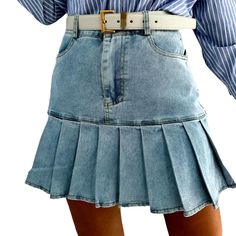 Introducing our 90s-inspired pleated women's denim skirt from the 2023 Summer Collection, a stylish homage to the decade's iconic fashion sense!Why You'll Fall In LoveSpecially designed for the trendy fashionista with a penchant for nostalgia, this denim skirt is a perfect balance of the 20th-century style and modern couture trends. Every detail, from its pleated fit to its mid-waist fit, promises to transform your look into an instant timeless.Unmissable Highlights: 90s-style: Embrace the decad Stylish Denim Skirt, Denim Skirts Online, Mini Skirt Denim, Denim Pleated Skirt, Pleated Denim Skirt, Womens Denim Skirts, Pleated Denim, Denim Skirt Women, Pleated Skirts