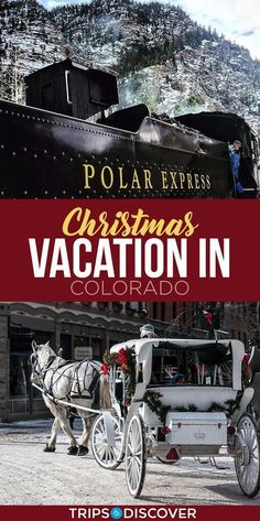 a horse drawn carriage with the words christmas vacation in colorado on it's side