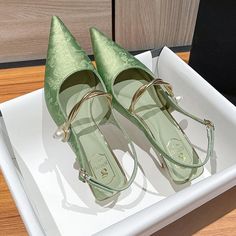 LBSFY - Satin Luxury Pointed Toe High Heels Women Fashion Designer Sandals Women Green Slingback Party Dress Shoes Muller Pumps Women Round Toe Sandals For Banquet In Summer, Summer Sandals With Round Toe For Banquets, Summer Banquet Sandals With Round Toe, High Heel Sandals For Spring Banquet, Open Toe Sandals For Spring Banquet, Spring Banquet Open Toe Sandals, Summer Banquet Heels With Round Toe, Spring Banquet Heels, Elegant High Heel Slingback Pumps For Summer