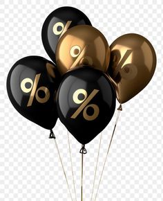 black and gold balloons with percentage signs on them, transparent background png clipart