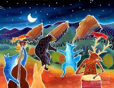 three bears are dancing in the woods at night with mountains and stars behind them, one bear is holding an instrument