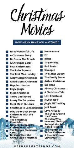 the christmas movies list is shown in blue and white, with snow covered trees behind it