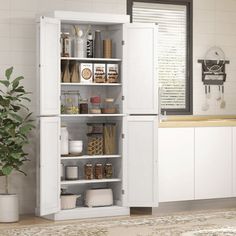 a kitchen with white cupboards filled with food and spices next to a potted plant