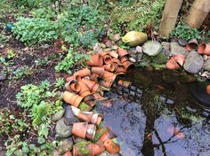 there are many clay pots sitting on the ground next to each other in this garden