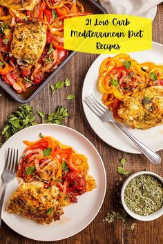 two white plates topped with meat covered in sauces and vegetables next to a casserole dish