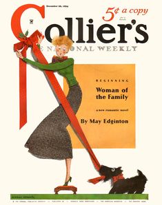 an old fashion magazine cover with a woman holding a red ribbon and a black dog