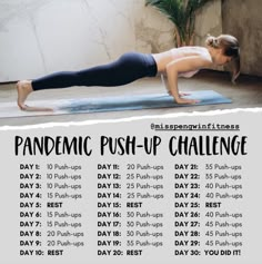 a woman doing push up exercises on a yoga mat with the words pandemic push - up challenge