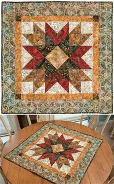 two quilts on a table with one showing the center and the other showing the bottom