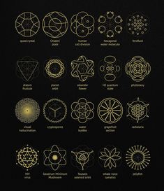 an image of different types of symbols in gold on black background, with text below