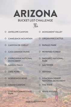 the arizona bucket list is shown in black and white, with an image of a person standing