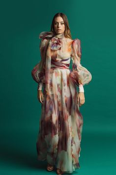 Flowy skirt printed organza dress - HerTrove Isabel Sanchis Couture, Printed Organza Dress, Isabel Sanchis, Exclusive Gowns, Long Flowy Skirt, Printed Organza, Organza Dress, Flared Dress, Loose Outfit