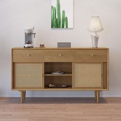 Farmhouse 55" Cane Sideboard Buffet with Storage Natural Kitchen Cabinet Natural Kitchen Cabinets, Cane Sideboard, Natural Kitchen, Storage Cabinet Shelves, Side Board, Tromso, Wood Sideboard, Sideboard Furniture, Sideboard Cabinet