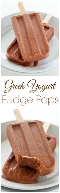 two pictures of chocolate ice cream pops on a white plate with text overlay that reads, greek dessert fudge pops