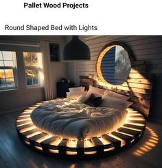 a bed made out of pallet wood with lights on the side and round shaped bed