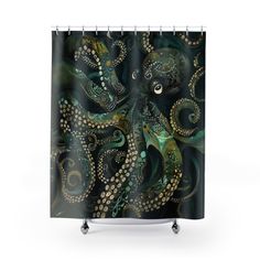 an octopus shower curtain with green and black colors on it's side, in front of a white background