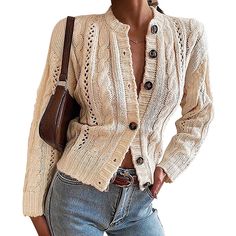 Khaki Button-up Cable Knit Cardigan Crochet Tops For Women, Cardigans Outfits, Cottage Core Clothing, Jumper Outfits, Cozy Womens Sweaters, Outfit Knit, Knit Tops For Women, Elegant Sweater, Cardigan For Women