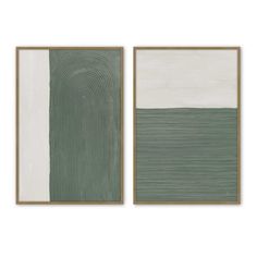 two green and white paintings hanging on a wall