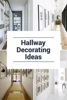 hallway decorating ideas with white walls and pictures on the wall, along with black and white photos