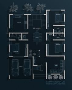 the floor plan for a three bedroom apartment with an attached garage and two car spaces