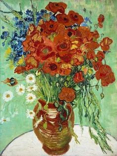 a painting of flowers in a vase on a table