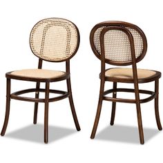 two wooden chairs with caned back and seat cushions, one is white the other is brown