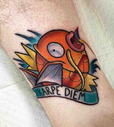 a tattoo on the leg of a man with an orange helmet and hammer in it