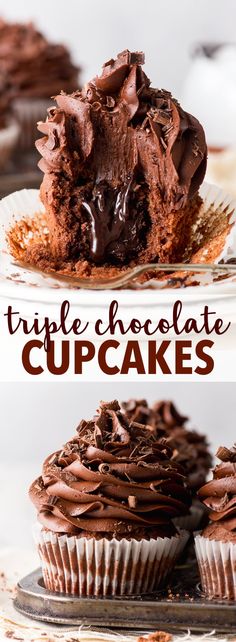 triple chocolate cupcakes on a plate with one cut in half