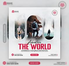 an advertise for the world with people walking on a bridge and mountains in the background