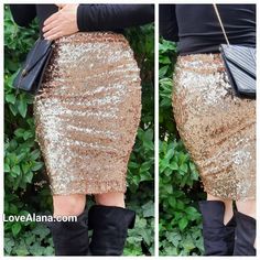 "Beautiful, classy coppery rosegold sequin fabric in a stretchy and cozy fit!  - Stretchy, fully lined, will not itch! - FULL front & back sequins - Awesome in person! Ships asap. SIZING: Length is 24 inches, stretchy and runs true to size. Go up if in-between. Shown is a medium on a size 6. S: 25-26\" waist / 36-38\" fullest hip (2-4)  M: 26-28\" waist / 39-41\" fullest hip (6-8)   L:  29-30' waist / 42-44\" fullest hip (10-12) XL: 31-32\" waist / 45-47\" fullest hip (14-16)   So pretty, will s Fitted Sequin Pencil Skirt, Gold Pencil Skirt For Night Out, Gold Pencil Skirt For Party, Fitted Sequin Pencil Skirt For Night Out, Gold Skirt For Holiday Night Out, Gold Skirt For Night Out And Holiday, Glamorous Gold Holiday Skirt, Elegant Metallic Skirt With Sequins, Gold Party Skirt For Fall