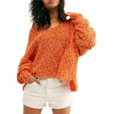 New! Made Of Soft Material, This Pullover By Free People Features Cozy Drop Shoulder Sleeves And Oversized Comfortable Fit. But These Can Also Fit Up To Medium Comfortably Pullover V-Neck Long Drop Shoulder Sleeves Chunky Knit Cotton, Polyester Fall Autumn Winter Layering Layer Oversized V Neck Sweater, Wave Sweater, Orange Sweater, Orange Sweaters, Oversized Knitted Sweaters, Bell Sleeve Sweater, Free People Sweaters, Free People Sweater, Casual Sweaters