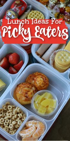 lunch ideas for picky eaters in plastic containers with fruit and crackers on the side