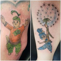 two different pictures of people with tattoos on their legs, one is holding a dandelion